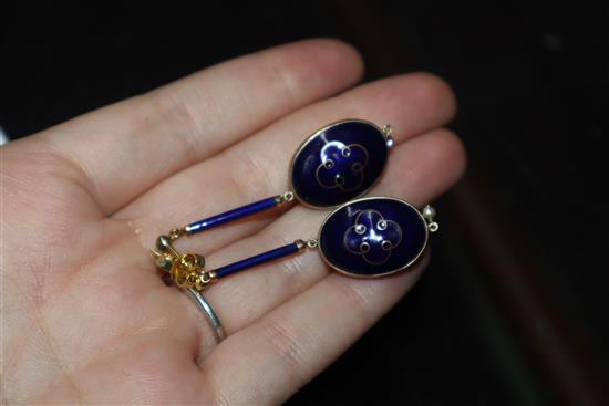 Five assorted pairs of earrings including pietra dura, enamel and gem set bug earrings, a swallow brooch and spider brooch.